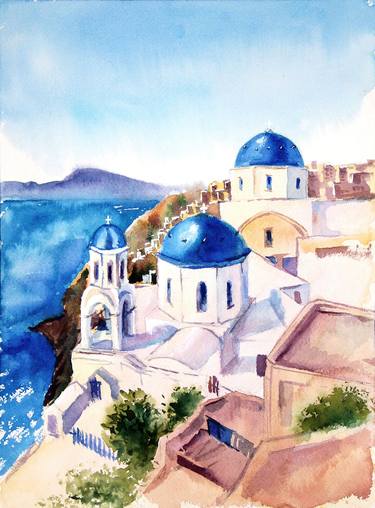 Santorini watercolor landscape thumb