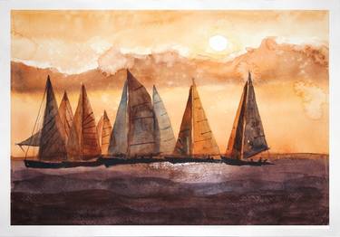 Sailboats at sunset, watercolor thumb