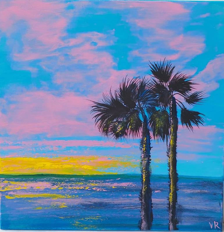 blue sunset with palm trees