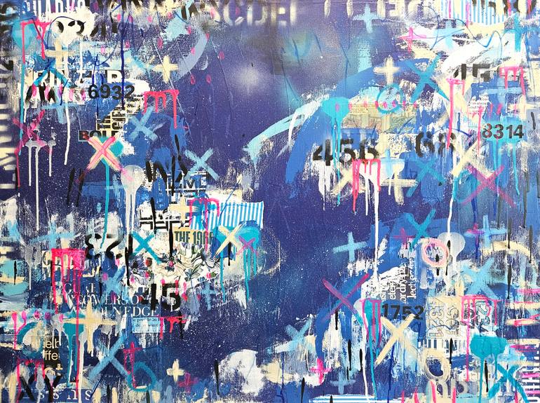 Original Abstract Mixed Media by Lorette C Luzajic | Abstract Art on Canvas | Graffiti Rococo in Blue and Pink urban expressionist painting