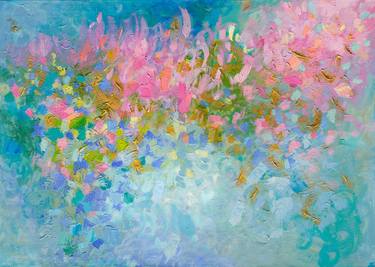 LIMITED EDITION Giclee on Canvas - Pink and Blue Blooming Garden thumb
