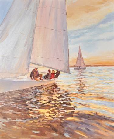 “Sunset and Relax”- seascape yacht oil painting thumb