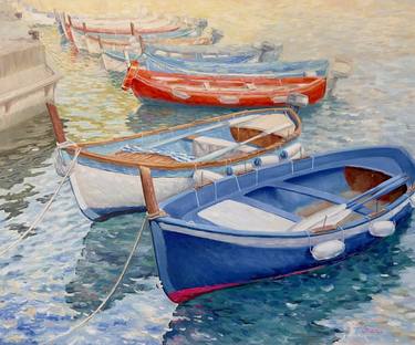 BOATS - realistic seascape with boats at the pier oil painting thumb