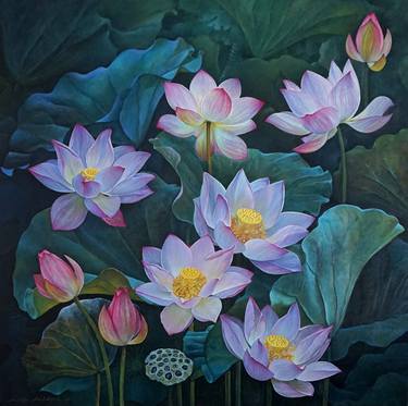 Floral Botanical green pink large oil painting thumb