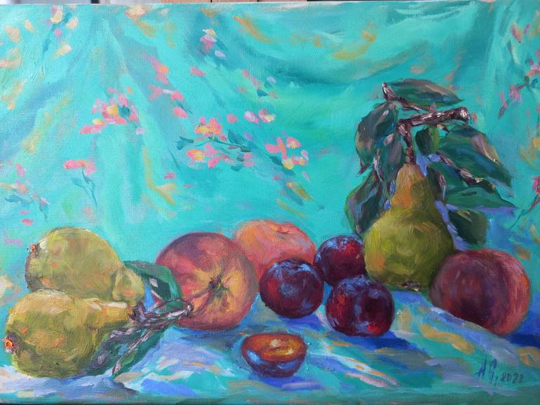 Original oil painting peaches and plums Painting by Hanna Shrub Saatchi Art