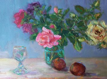 Roses and ripe peaches, original oil painting thumb