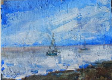 Marine painting, sailboat on the shore thumb