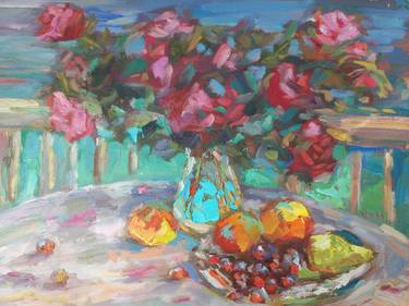 Original oil painting of pink roses and ripe grapes, still life thumb