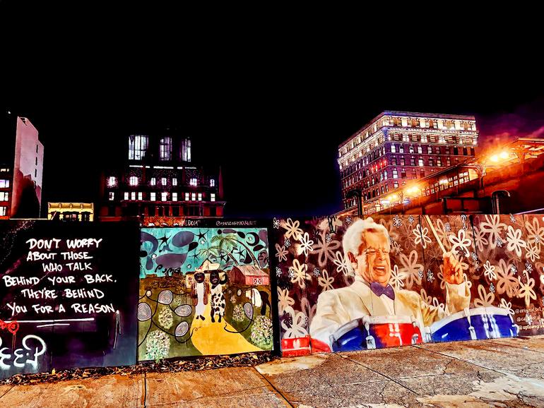 Original Pop Culture/Celebrity Photography by John Valenti | Contemporary Art on Aluminum | The Metal Series. 124th Street, Harlem. Tito at Night