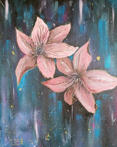 "Cosmic Harmony" Acrylic painting of flowers in cosmos thumb