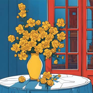 "A Vase of Sunflowers on a Blue Table" thumb