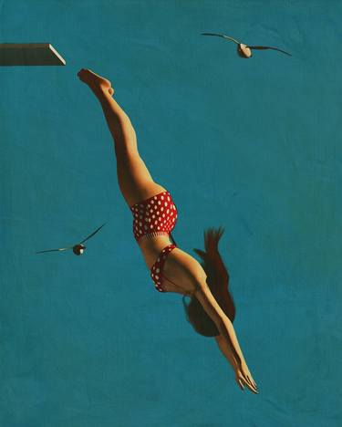 Retro Style Painting of a Girl Diving Into the Sea thumb