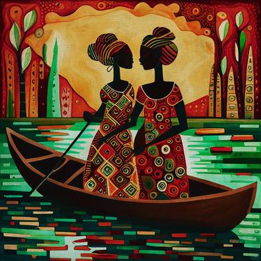 African women sailing in a canoe on the river thumb