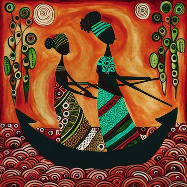 Traditional African women in a boat thumb
