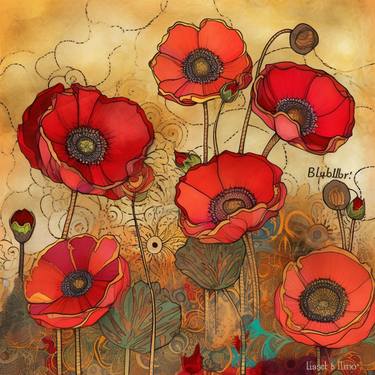 Steampunk fullbloom poppies field watercolors with gold flakes . thumb