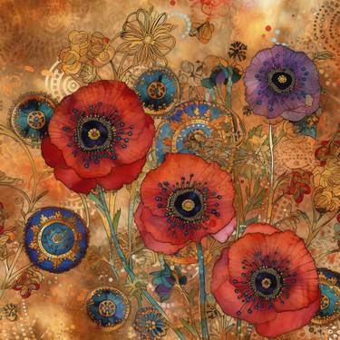 Steampunk fullbloom poppies field watercolors with gold flakes . thumb