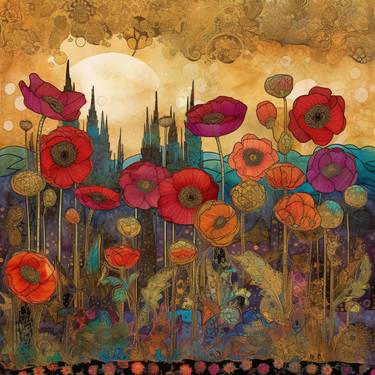 Steampunk fullbloom poppies field watercolors with gold flakes . thumb