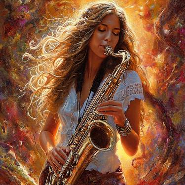 Woman with a saxophone against the backdrop of a sea sunset. thumb