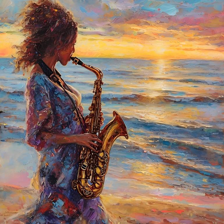 Woman with a saxophone against the backdrop of a sea sunset. - Print
