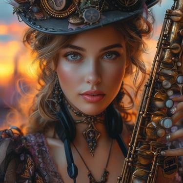 Steampunk woman at sunset with saxophone.Hyperrealism thumb