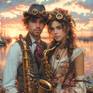 Collection Boy and girl in steampunk style with saxaphone.