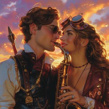 Boy and girl in steampunk style with saxaphone. thumb