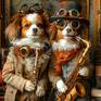 Collection Two Papillon dogs in steampunk style with a saxophone.