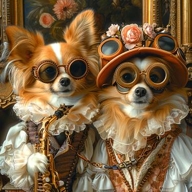 Two Papillon dogs in steampunk style with a saxophone. thumb