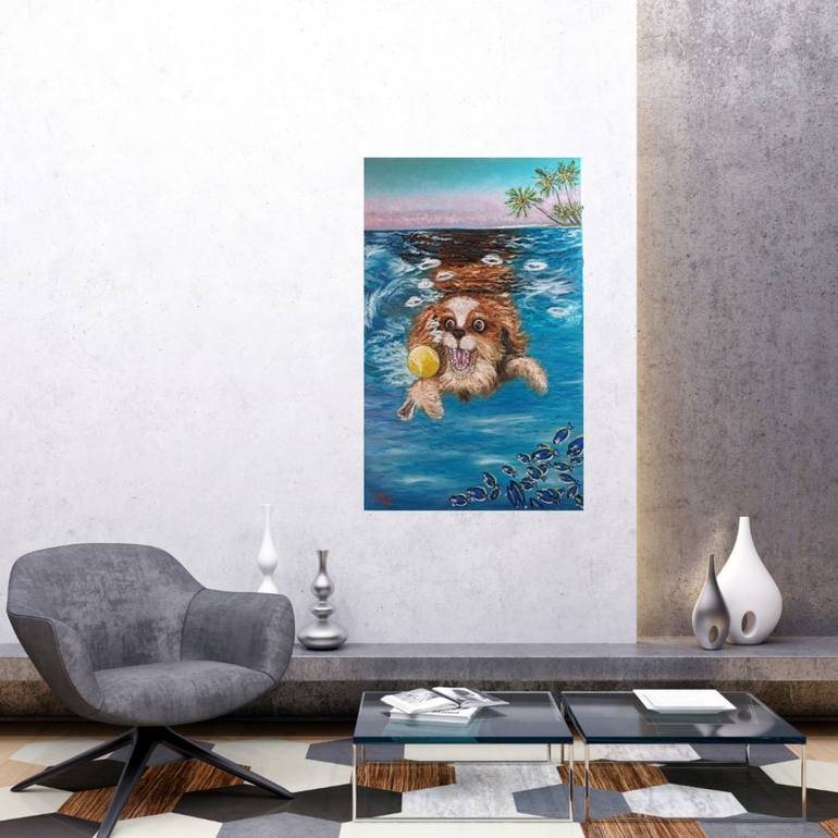 Cheerful dog dives for a ball in the sea in the Maldives Painting by ...