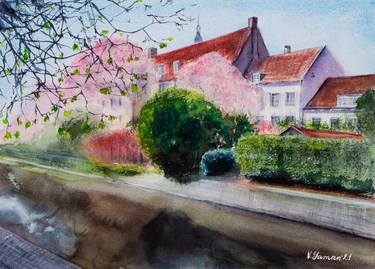 Netherlands. Town. View of blooming gardens and houses thumb