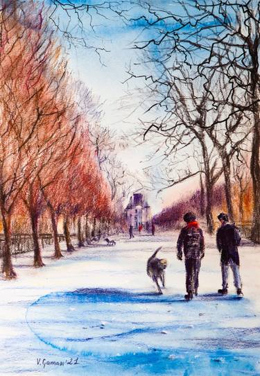 Winter snowy day in the Tuileries. Paris. thumb