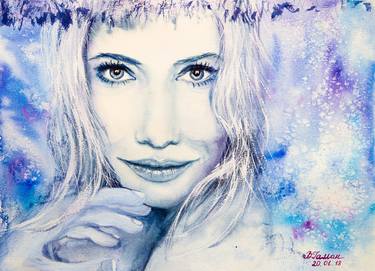 Portrait of Cate Blanchett in blue. The Snow Queen. Watercolor. thumb