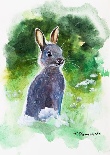 Watercolor wild rabbit. Baby. Green background. thumb