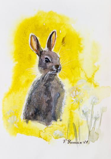 Watercolor wild rabbit. Baby rabbit. Yellow background. thumb