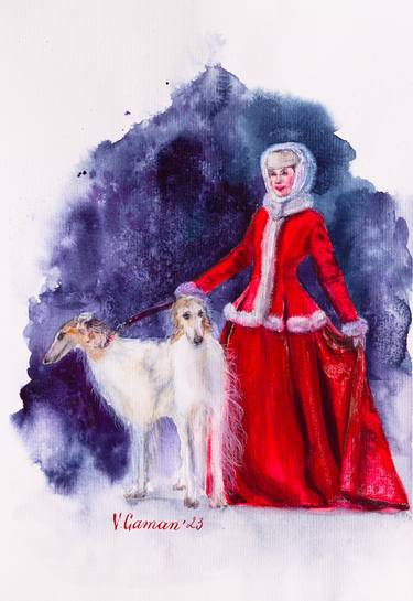 A beautiful girl in a red winter coat with greyhounds. thumb