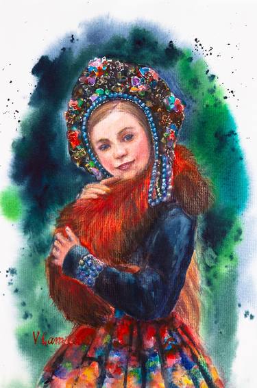 A girl in a kokoshnik and an elegant folk dress in a folk style. thumb