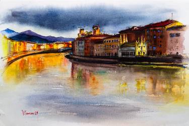 Pisa. Cityscape with a river. Sunset. Watercolor sketch. thumb