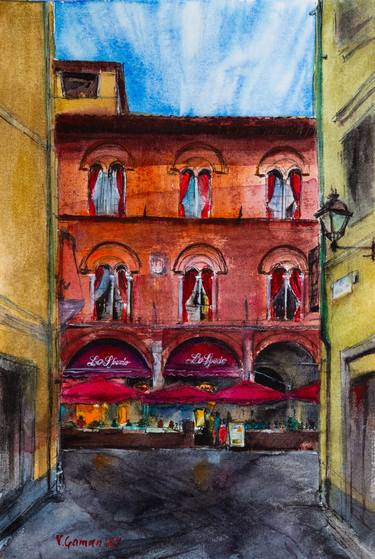 Urban Italian landscape. Summer cafe. Watercolor sketch. thumb