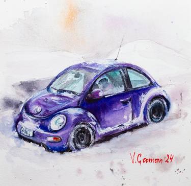 Purple Volkswagen Beetle car, winter snowy picture. thumb