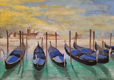 Gondolas in Venice at morning thumb