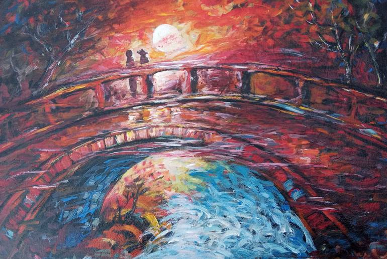 Original Landscape Painting by Suryadi Suryadi | Abstract Expressionism Art on Canvas | When the River Listens - night Light, gate, moon painting