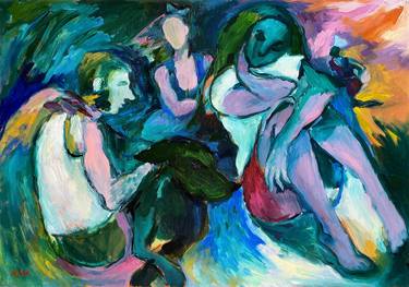 SUMMER - emerald & pink small oil painting with human figures thumb