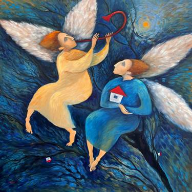 ANGELS OF PEACE – large bllue navy figurative art (commission) thumb