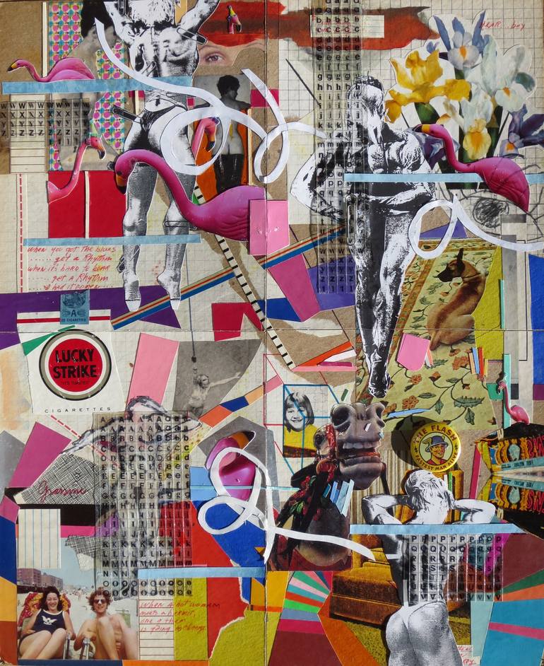 Original World Culture Collage by Carlo Grassini | Figurative Art on Cardboard | Lucky Strick Quadriquandary - Grassini & Thomas Collaboration