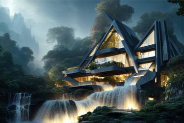 A Modern Building Above the Waterfall thumb