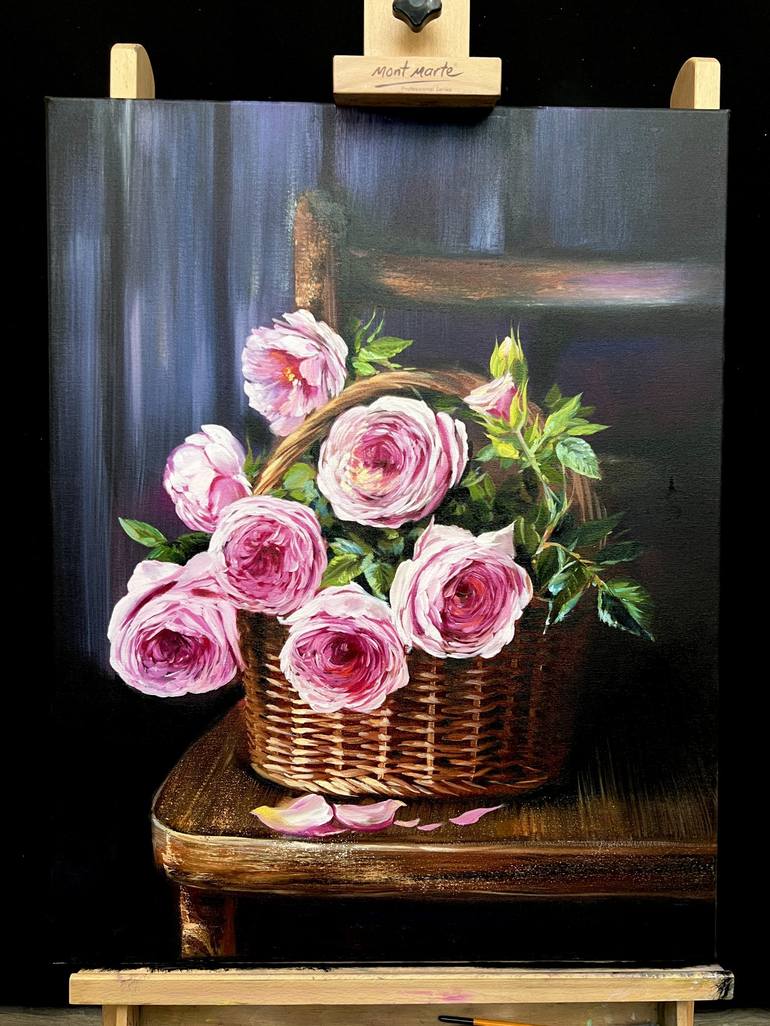 Pink store Roses in the basket, oil painting.