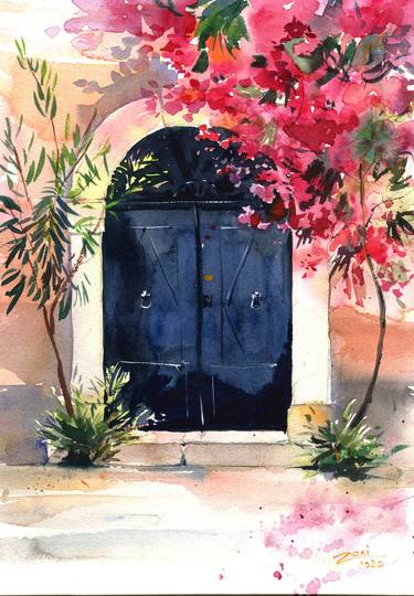 Beautiful door. Pink Flowers. Watercolor drawing thumb