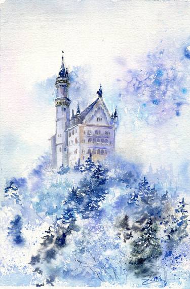 Castle in the snow. Watercolor thumb