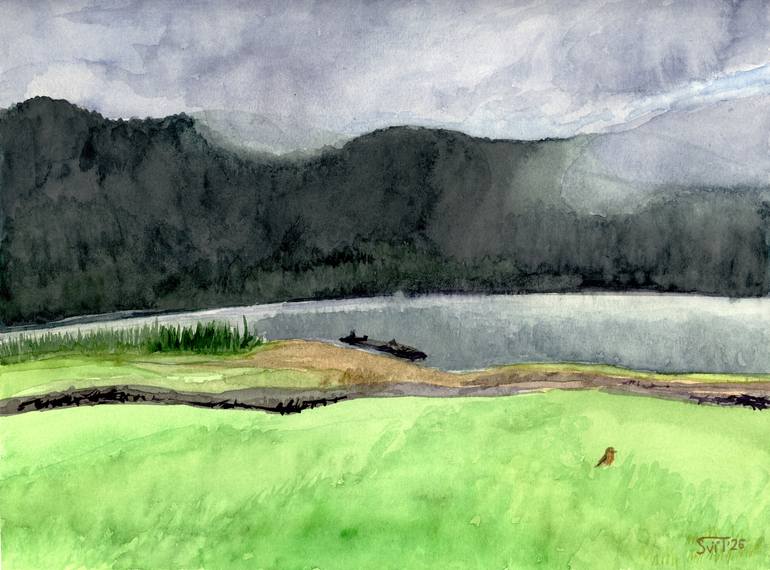 Original Landscape Painting by Svitlana Tetokina | Impressionism Art on Paper | Robin near the lake
