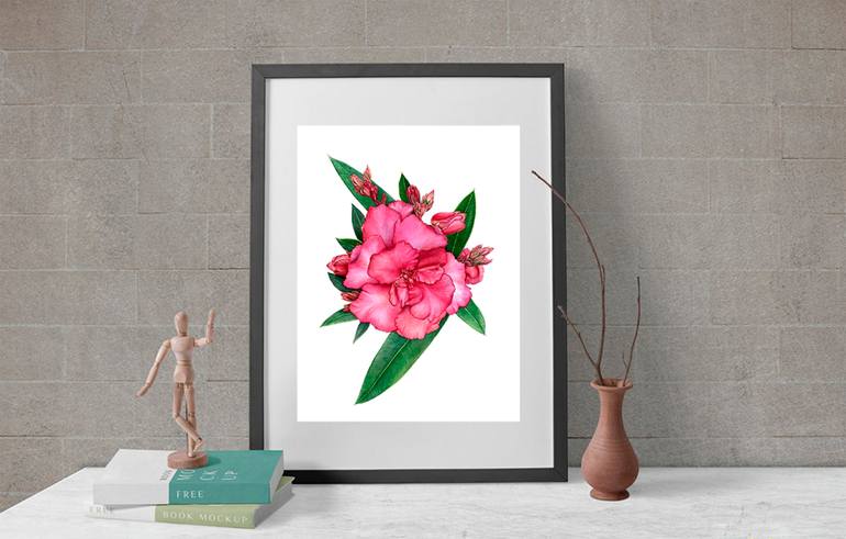 Oleander - original pink gorgeous watercolor flower and leaves